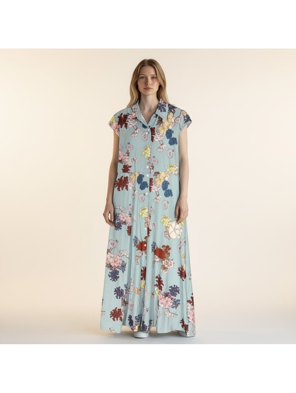 Unbranded Shirt Dress Women S Small Blue Floral Long Sleeveless Collared Button